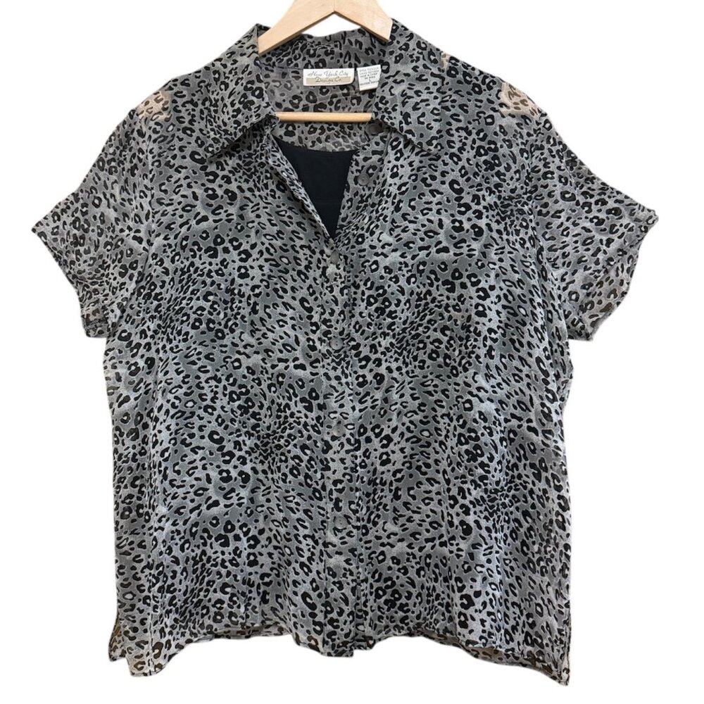New York City Design Co Leopard Print Lined Silk Blouse Black White Gray Sz L